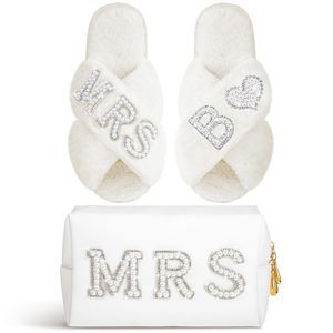 Personalized Initial Wedding Bride Slippers Mrs Pearl Letter Makeup Bag Bridal🙉